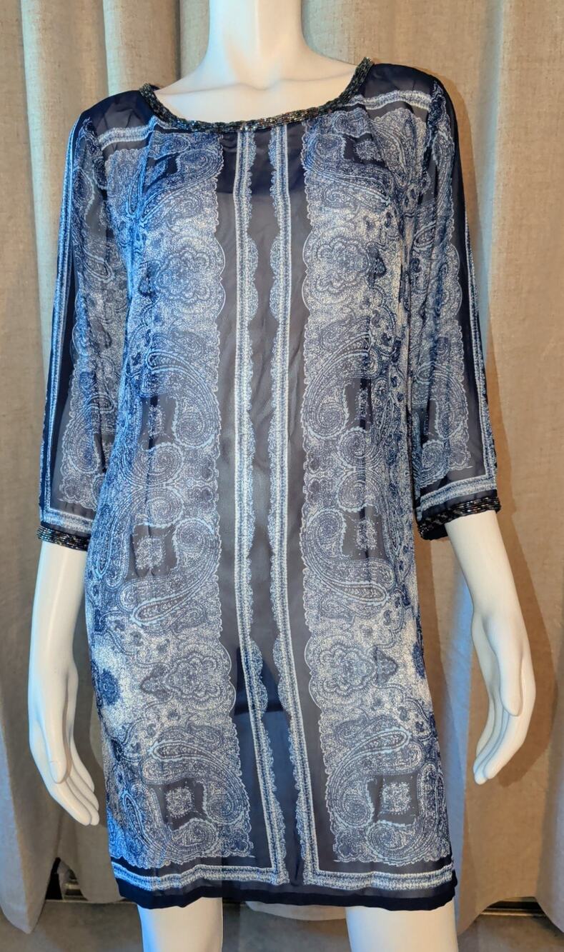 CHICO'S 2 (US L) Blue Paisley Sheer Coverup Dress Beaded Neck & Cuffs Side Vents